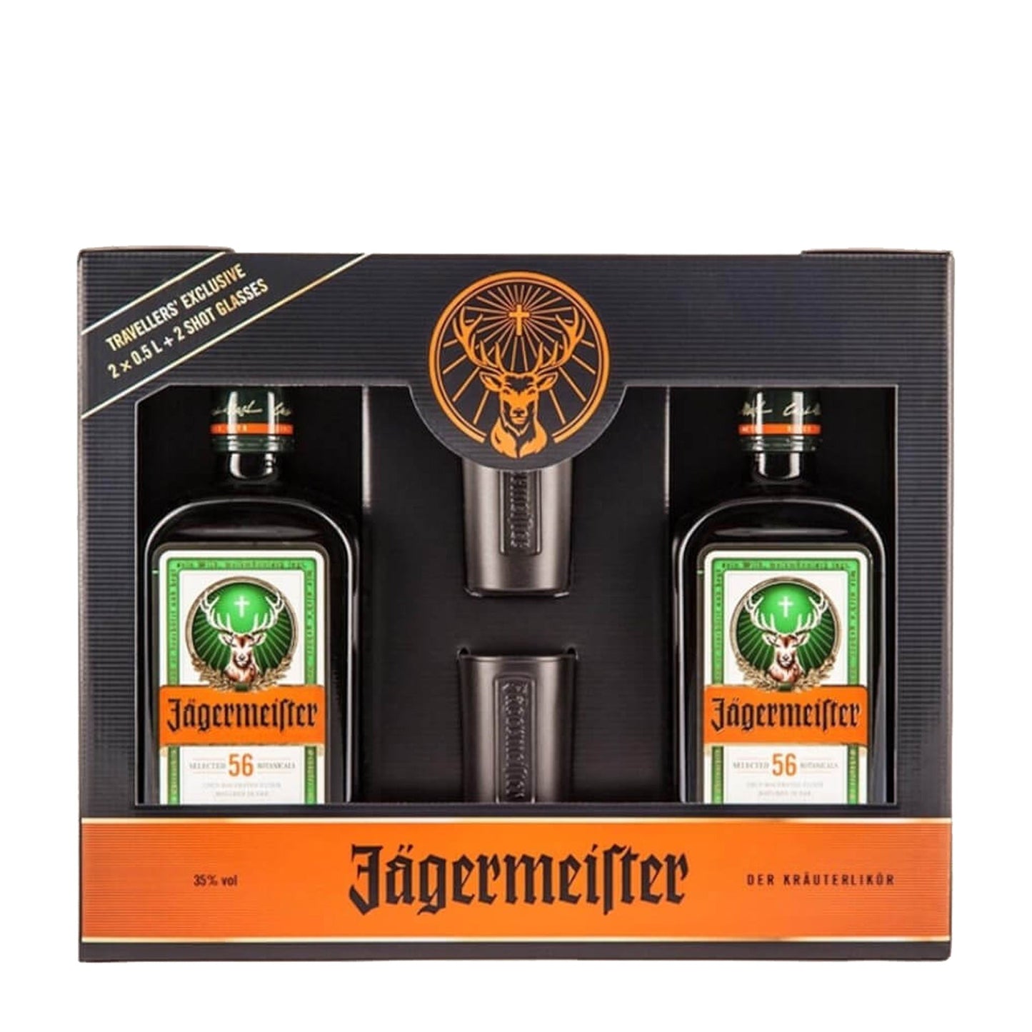 Jagermeister Herb Liqueur Twin Pack W/2
Black Shot Glasses