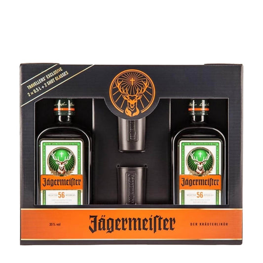 Jagermeister Herb Liqueur Twin Pack W/2
  Black Shot Glasses 