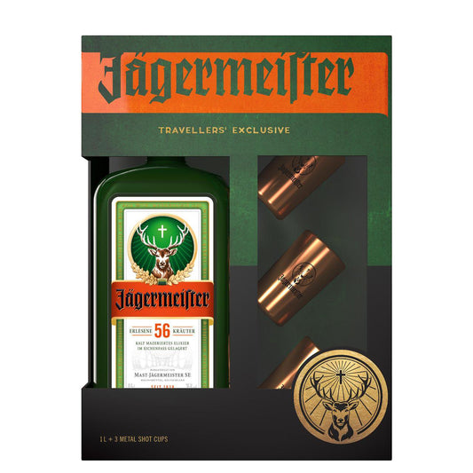 Jagermeister Herb Liqueur Travel Exclusive
  GB W/3 Metal Shot Cups 